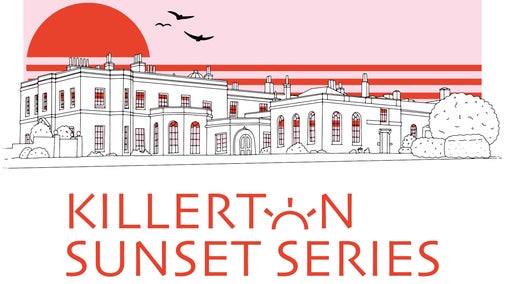 An illustration of Killerton House with the sun setting behind it